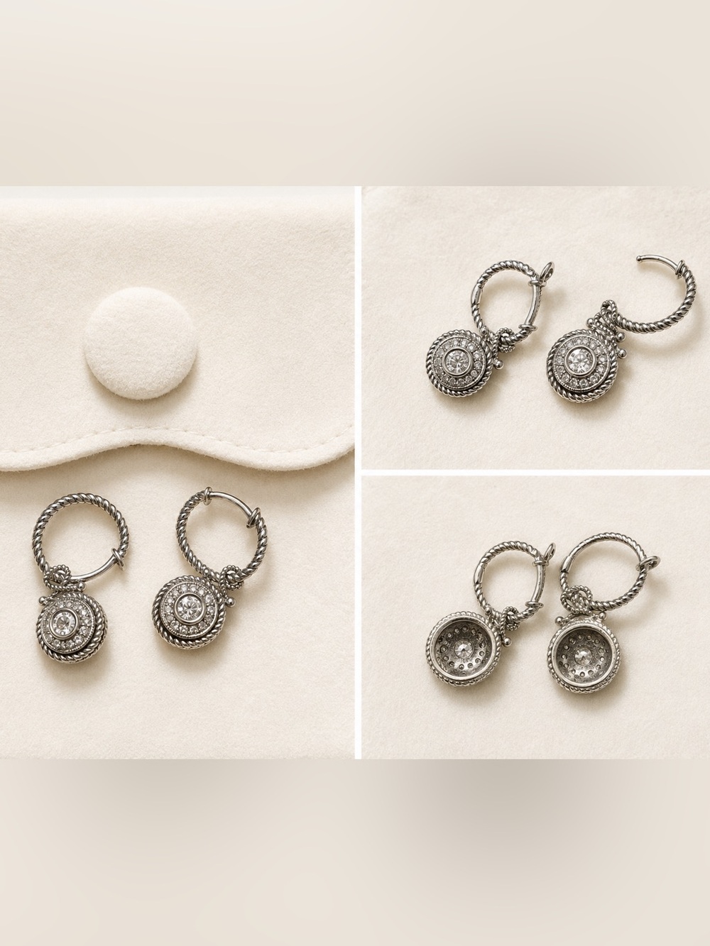REAL White Gold  Twist Hoop Drop Earrings with Diamond Halo Discs - - Picture 4 of 6